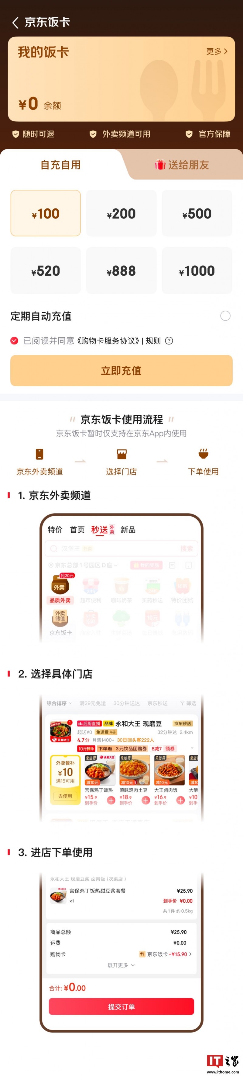 “京东饭卡”官方储值账户服务上线：用于“秒送”服务、限时“充 100 元赠 20 元外卖券”