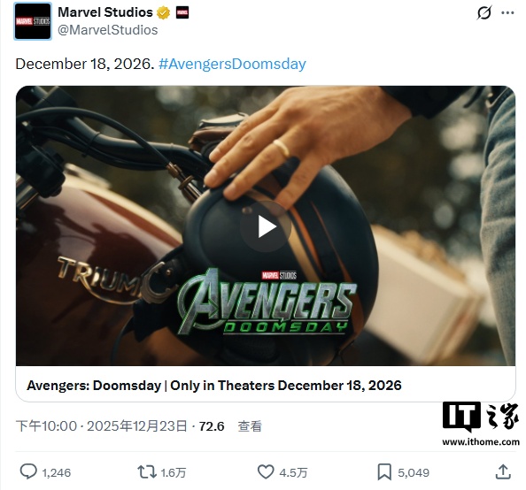 漫威《复仇者联盟 5：毁灭之日》首支官方预告片发布：初代美队“抱娃回归”，2026 年全球献映