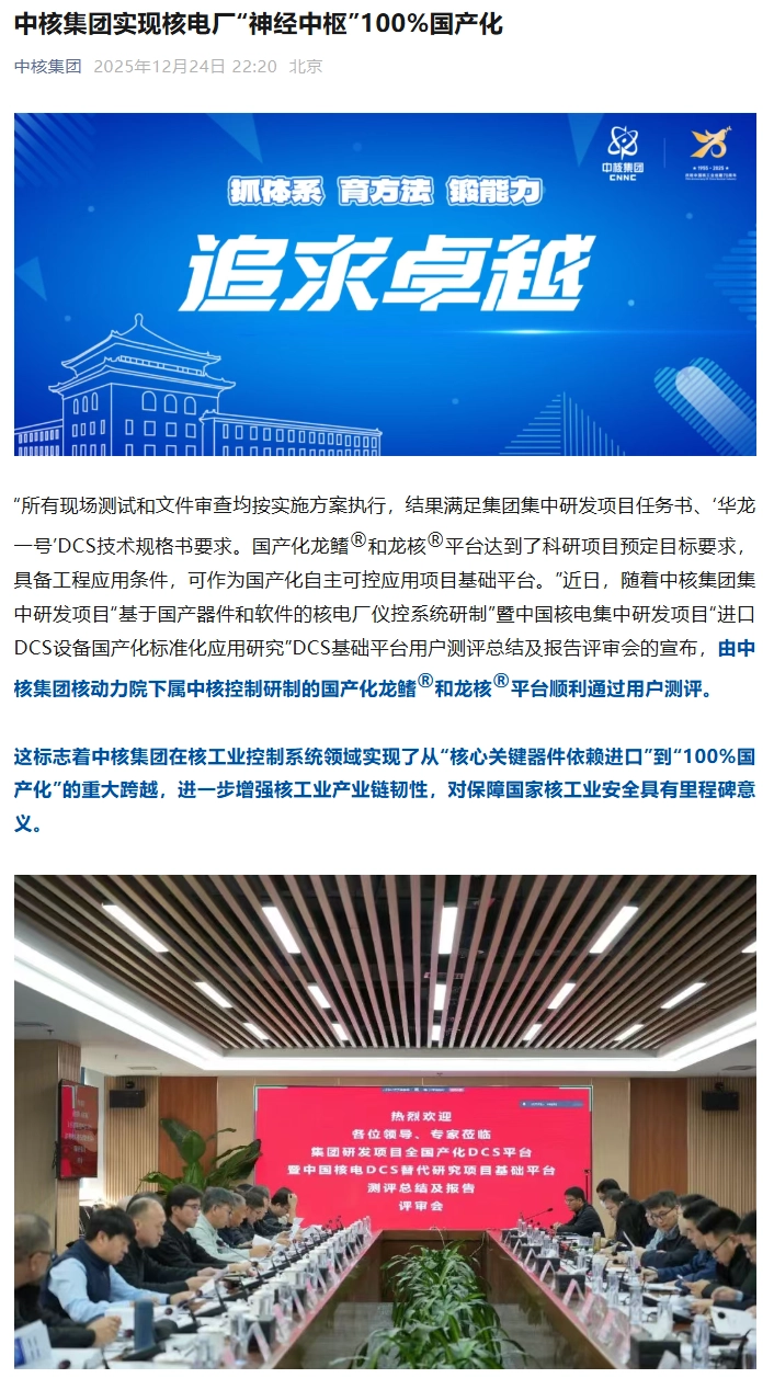 没有一颗进口芯片，中核集团实现核电厂“神经中枢”100% 国产化