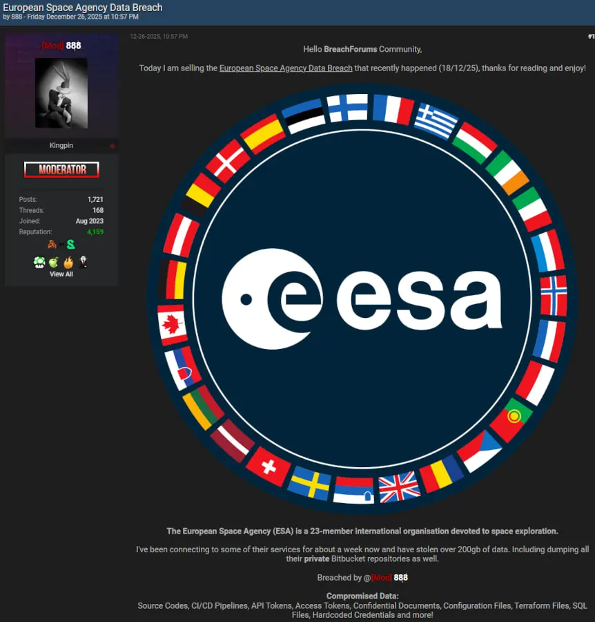 欧洲航天局承认自家“外部服务器”遭黑客入侵，没有机密信息外流