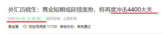 外汇百晓生：黄金如期冲击4400，周一金价有望高开低走？